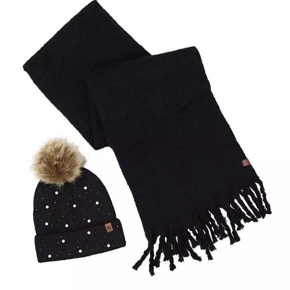 New in Box, Lucky Brand Black Pom Beanie & Matching Scarf Set. - Picture 3 of 4